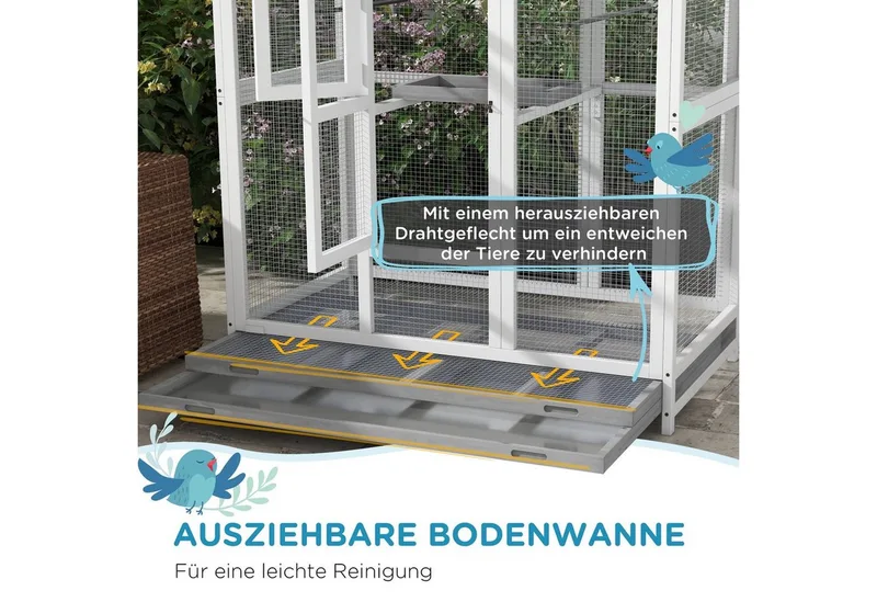 Vogelvoliere aus Holz Vogelkäfig groß Wellensittichkäfig mit 4 Sitzstangen, Vogelbauer mit Ausziehbarer Bodenwanne, Vogelhaus für Kanarienvögel, Tanne, 112 x 68 x 154 cm von PawHut in Weiß+Grau+Schwarz – Produktfoto 5 von 5