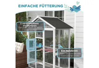 Vogelvoliere aus Holz Vogelkäfig groß Wellensittichkäfig mit 4 Sitzstangen, Vogelbauer mit Ausziehbarer Bodenwanne, Vogelhaus für Kanarienvögel, Tanne, 112 x 68 x 154 cm von PawHut in Weiß+Grau+Schwarz – Produktfoto 4 von 5