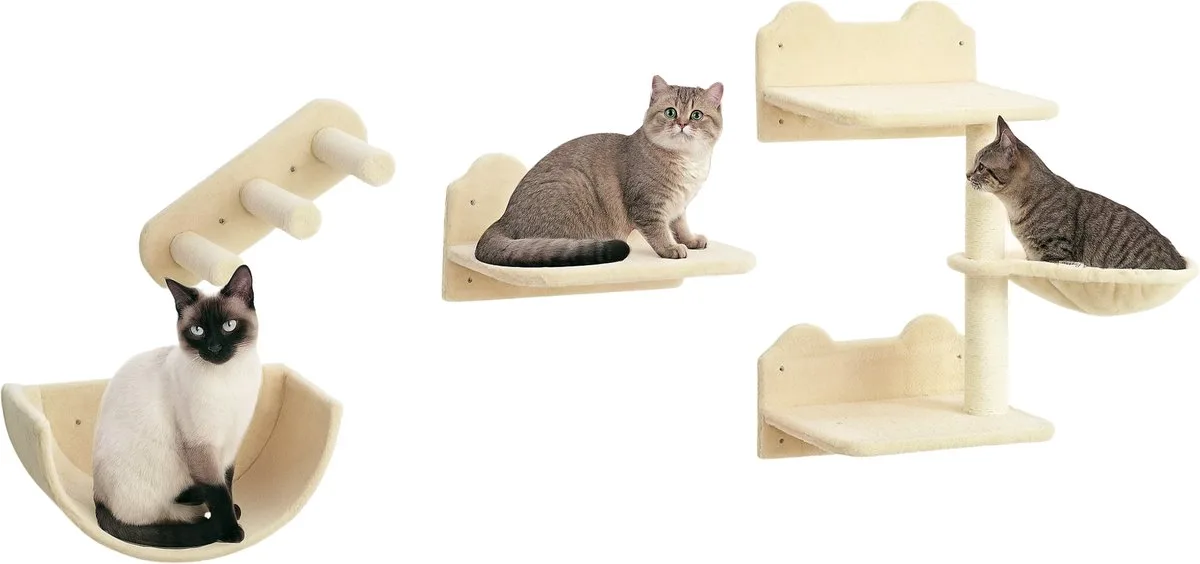 Wandklimset voor Katten met Hangmat - Krabmeubel, Klimwand van PawHut in Beige – productfoto