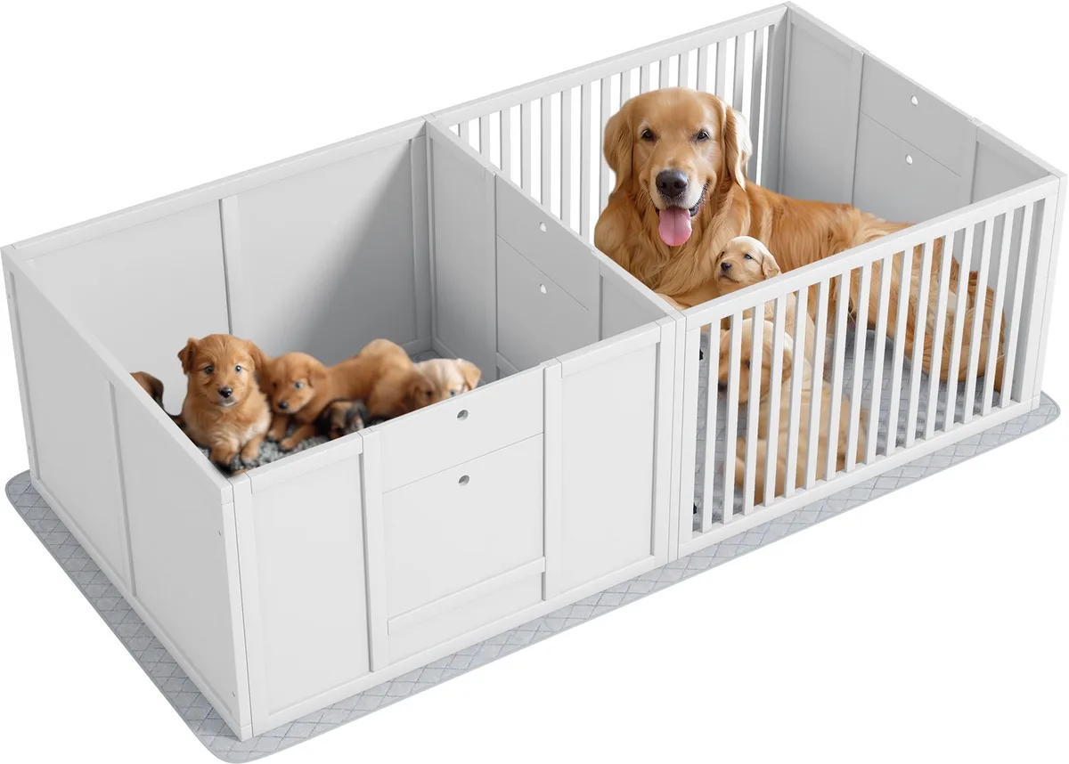 Werpkist voor Puppy's met Deur - Puppyren met Waterdichte Mat - Werpbox voor Honden - Wit van PawHut in Wit – productfoto
