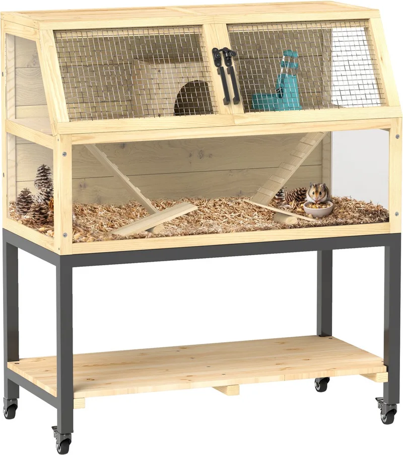 Zwerghamsterkäfig aus Holz, 87 x 43 x 101 cm Nagerkäfig mit Ablagefläche, Wasserflasche, Hütte, Wippen, Kleintierkäfig mit Rädern, Rampen de PawHut en Naturholz – photo produit