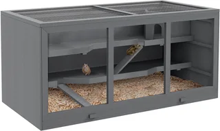 Zwerghamsterkäfig Nagerkäfig Kleintierstall aus Holz Mäusekäfig mit Treppen Kleintierkäfig Nagervilla Dreistöckig 115 x 57 x 55 cm von PawHut in Grau – Produktfoto 1 von 5