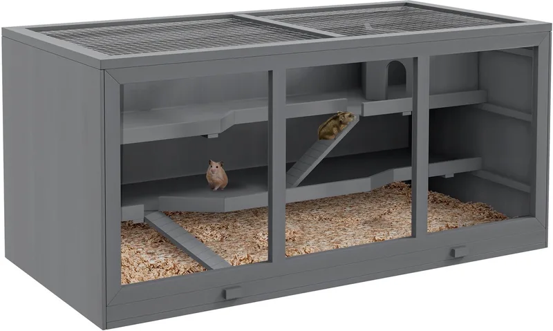 Zwerghamsterkäfig Nagerkäfig Kleintierstall aus Holz Mäusekäfig mit Treppen Kleintierkäfig Nagervilla Dreistöckig 115 x 57 x 55 cm von PawHut in Grau – Produktfoto 1 von 5
