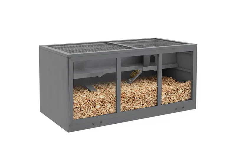 Zwerghamsterkäfig Nagerkäfig Kleintierstall aus Holz Mäusekäfig mit Treppen Kleintierkäfig Nagervilla Dreistöckig 115 x 57 x 55 cm von PawHut in Grau – Produktfoto 2 von 5