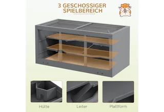 Zwerghamsterkäfig Nagerkäfig Kleintierstall aus Holz Mäusekäfig mit Treppen Kleintierkäfig Nagervilla Dreistöckig 115 x 57 x 55 cm von PawHut in Grau – Produktfoto 4 von 5
