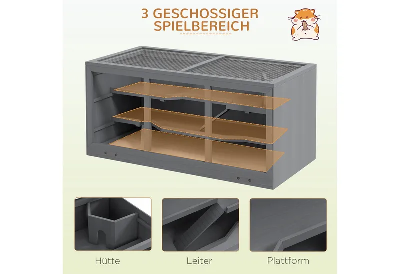 Zwerghamsterkäfig Nagerkäfig Kleintierstall aus Holz Mäusekäfig mit Treppen Kleintierkäfig Nagervilla Dreistöckig 115 x 57 x 55 cm von PawHut in Grau – Produktfoto 4 von 5