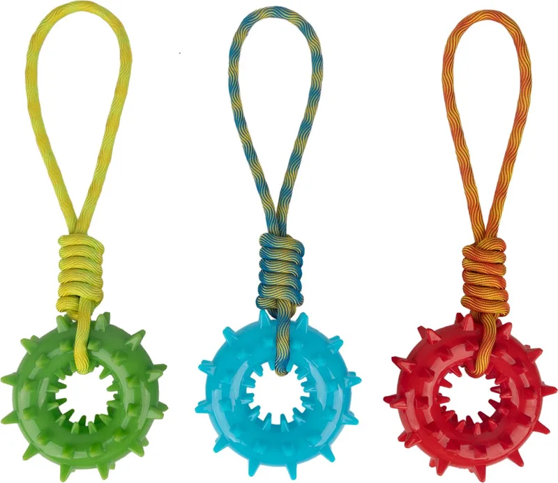 Play-N-Tug Ring met Handvat – Hondenspeelgoed – Apporteer- en Kauwspeelgoed - Veelzijdige speeltje – Urenlang Speelplezier - voor Binnen en Buiten – Kunststof de Pawise en Assorti – photo produit