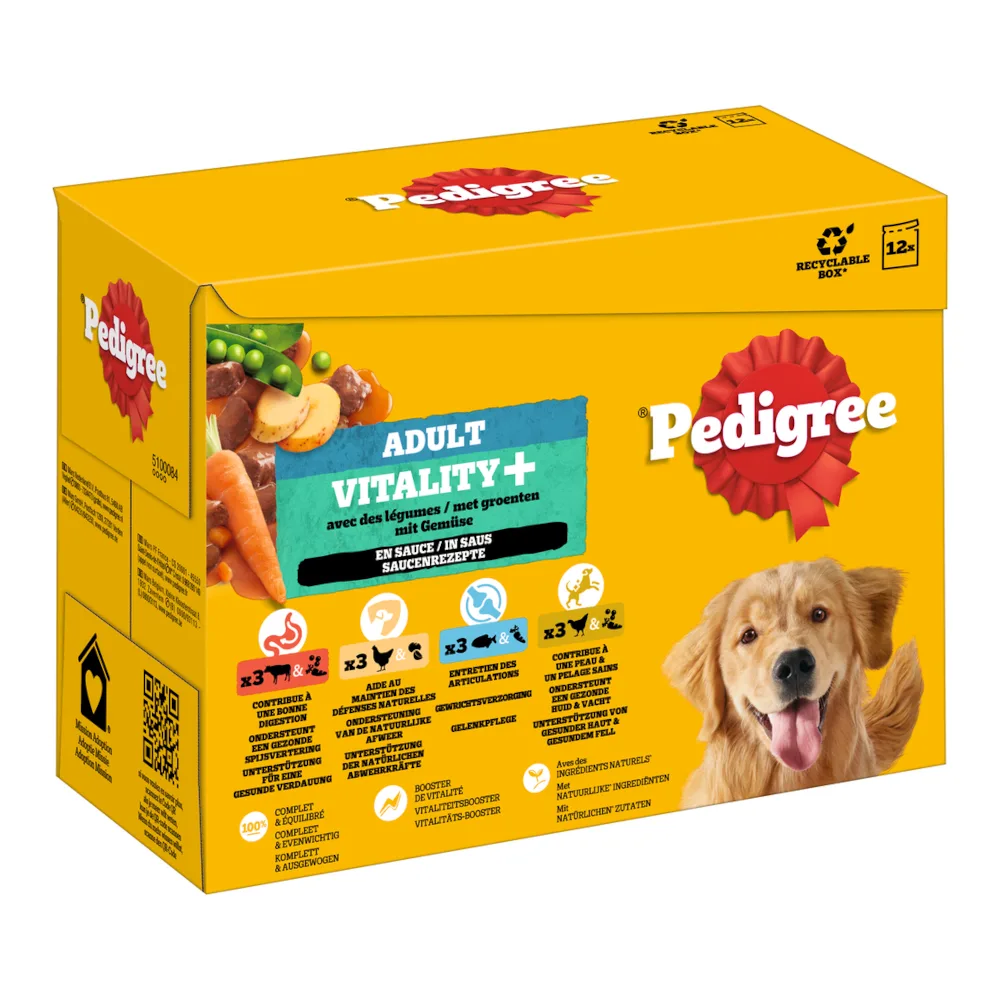 12x85g Pedigree Adult vers zakjes voor honden Vitality+ 4 soorten in saus nat hondenvoer van Pedigree – productfoto