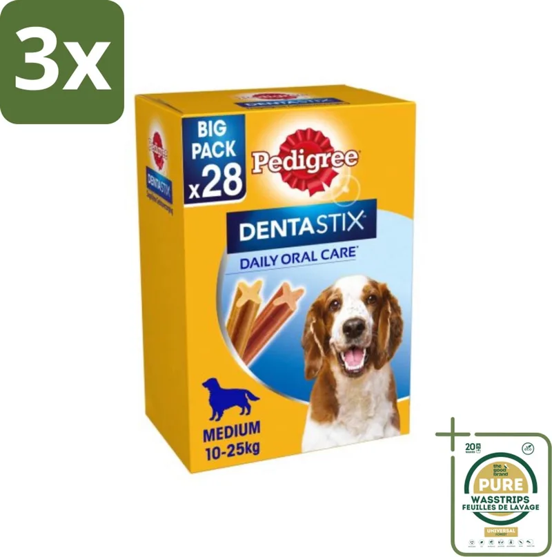 3 x Pedigree - Dentastix - Medium - Multipack - 28 Stix - 720 Gram - Grootverpakking - Hondensnacks - Tanden Reinigen - Tandplak Verminderen - Gezonde Mondhygiëne - Hondentandplak by Pedigree – product photo
