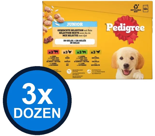 3x Pedigree - Junior Mix Selectie in Gelei Pouch Multipack - Hondenvoer Natvoer - 12x100g