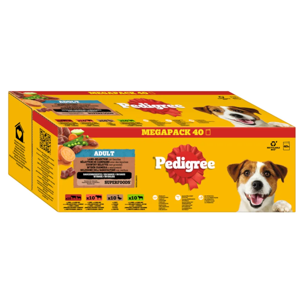 40x100g Pedigree vershoudzakjes land selectie met Groenten in saus (4 soorten) nat hondenvoer by Pedigree – product photo