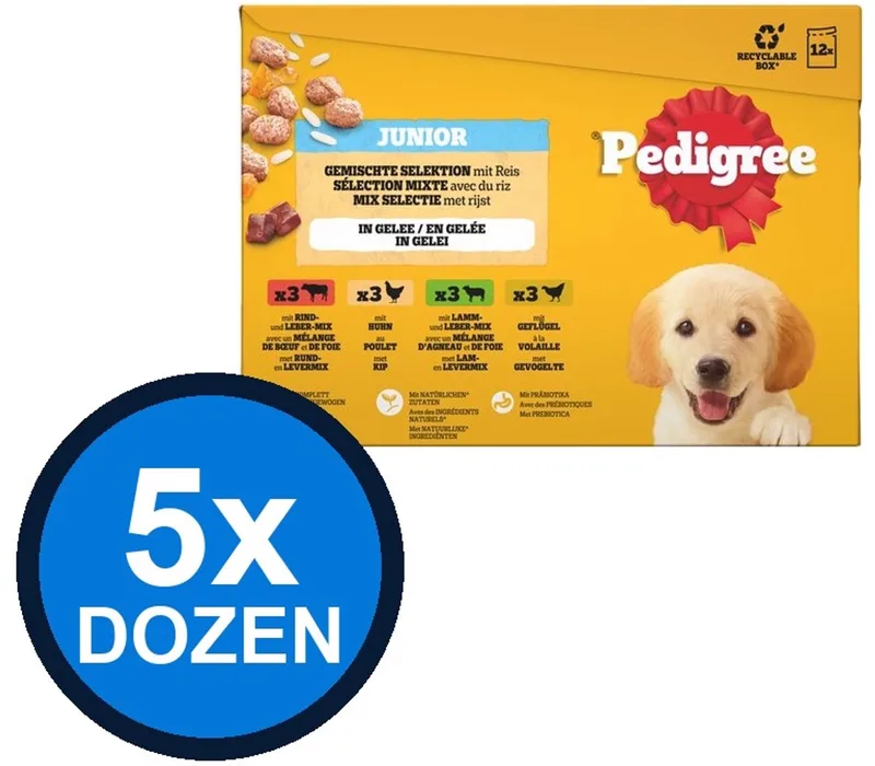 5x Pedigree - Junior Mix Selectie in Gelei Pouch Multipack - Hondenvoer Natvoer - 12x100g de Pedigree – photo produit