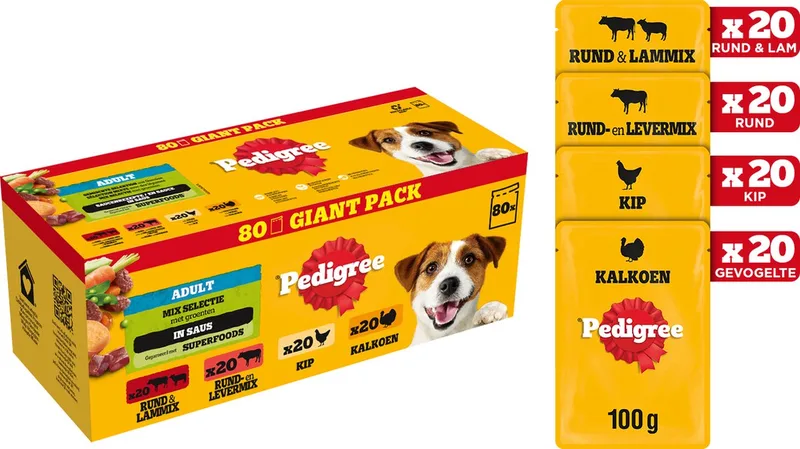 Adult - Natvoer Hond - Hondenvoer - Rund Kalkoen Kip - 80 x 100g by Pedigree – product photo