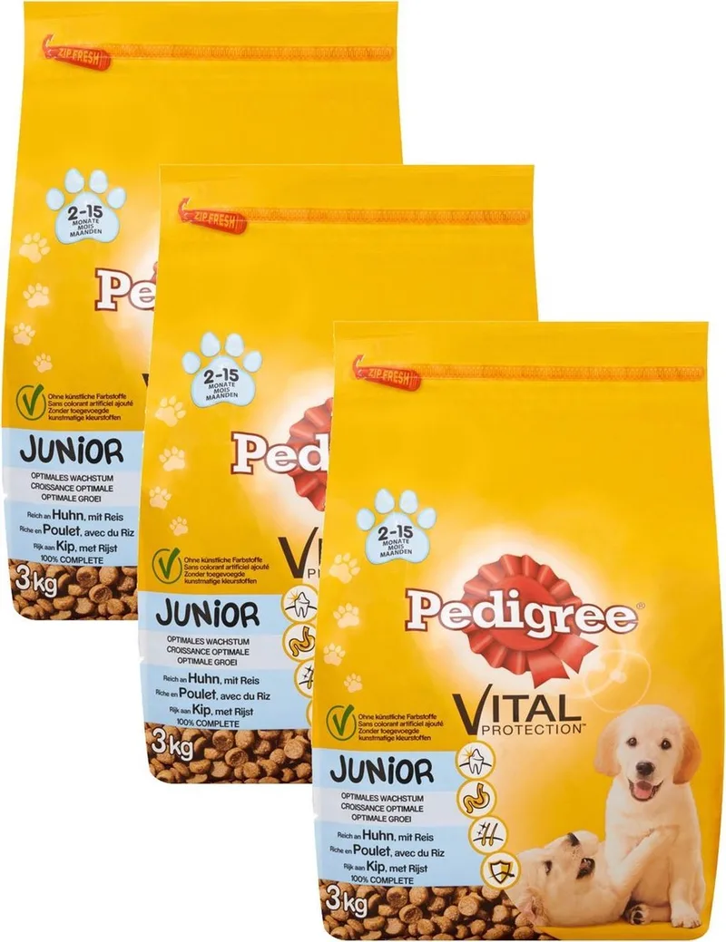 Hondenvoer Droog Junior Kip/Rijst - 3 kg - 3 Stuks van Pedigree – productfoto