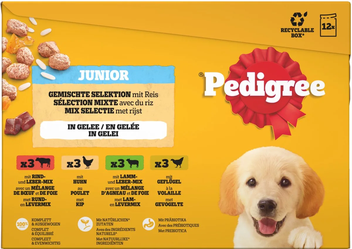 Junior Maaltijdzakjes - Puppyvoeding in Gelei met Kip, Lam en Rund - 12x100g by Pedigree – product photo