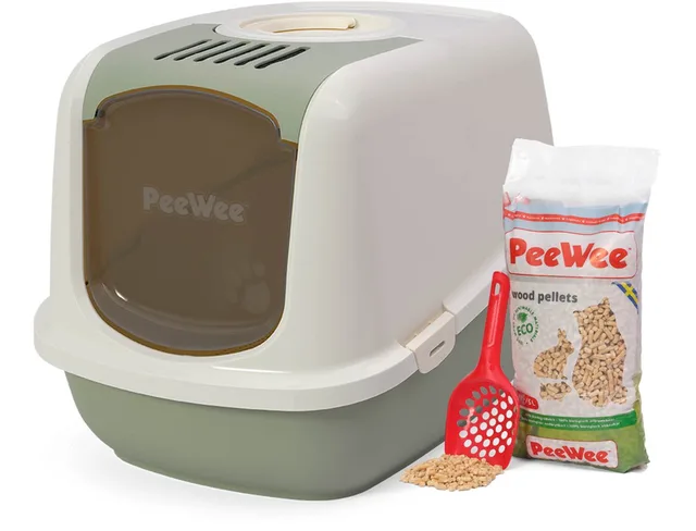 grote XXL kattenbak systeem Ecodome startpakket - in een nieuwe trendy pastelkleur / crème - incl. Peewee korrels + schepje – 66,5 x 48,5 x 46,5 cm