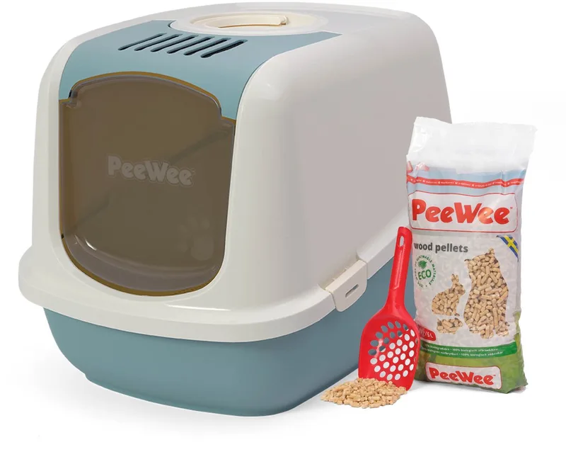grote XXL kattenbak systeem Ecodome startpakket - in een nieuwe trendy pastelkleur marlin blau / crème - incl. Peewee korrels + schepje – 66,5 x 48,5 x 46,5 cm de PeeWee en Marlin blauw – photo produit