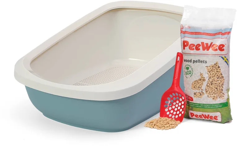 grote XXL kattenbak systeem EcoGranda startpakket - in een nieuwe trendy pastelkleur / crème - incl. Peewee korrels + schepje – 66,5 x 48,5 x 46,5 cm by PeeWee in Marlin blauw – product photo