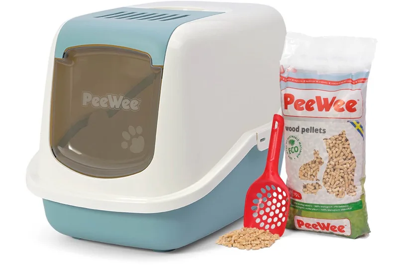 kattenbak systeem Ecohus startpakket - in een nieuwe trendy pastelkleur / crème - incl. Peewee korrels + schepje - 56 x 39 x 38,5 cm by PeeWee in Marlin blauw – product photo