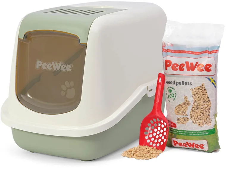 kattenbak systeem Ecohus startpakket - in een nieuwe trendy pastelkleur / crème - incl. Peewee korrels + schepje - 56 x 39 x 38,5 cm de PeeWee en Salie groen – photo produit
