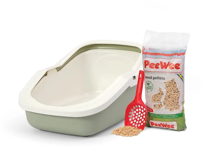 kattenbak systeem Ecominor startpakket - in een nieuwe trendy pastelkleur / crème - incl. Peewee korrels + schepje - 56 x 39 x 27,5 cm by PeeWee in Salie groen – product photo