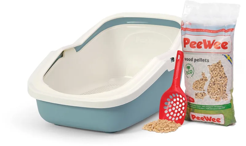 kattenbak systeem Ecominor startpakket - in een nieuwe trendy pastelkleur / crème - incl. Peewee korrels + schepje - 56 x 39 x 27,5 cm by PeeWee in Marlin blauw – product photo