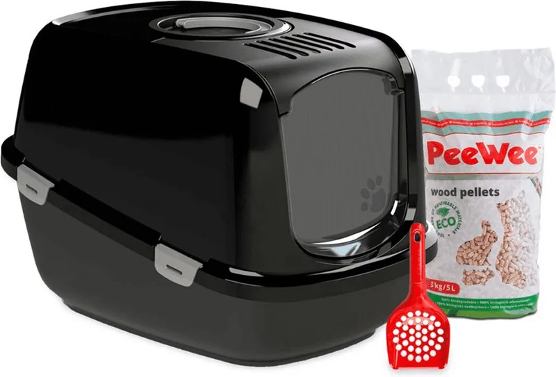 Kattenbak XXL EcoDome Startpakket - 66.5 x 48.5 x 46.5 cm de PeeWee en Noir – photo produit