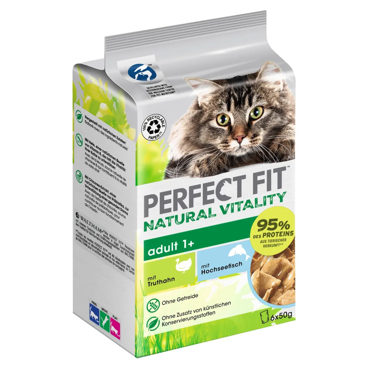 6x50g Natural Vitality Adult 1+ Diepzeevis met Kalkoen Perfect Fit Kattenvoer by Perfect Fit – product photo