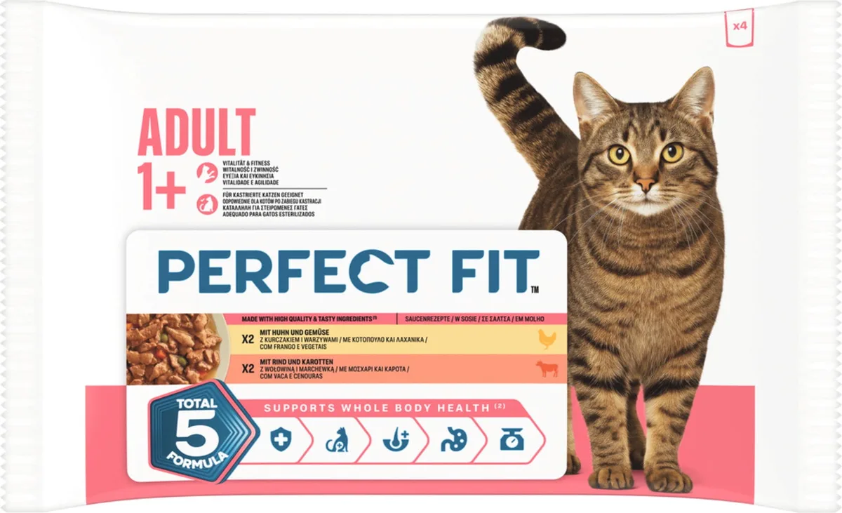 Katze Nassfutter Portionsbeutel 85g 4 Pack Adult 1+ Huhn und Gemüse, Rind und Karotte - 340 g von Perfect Fit – Produktfoto