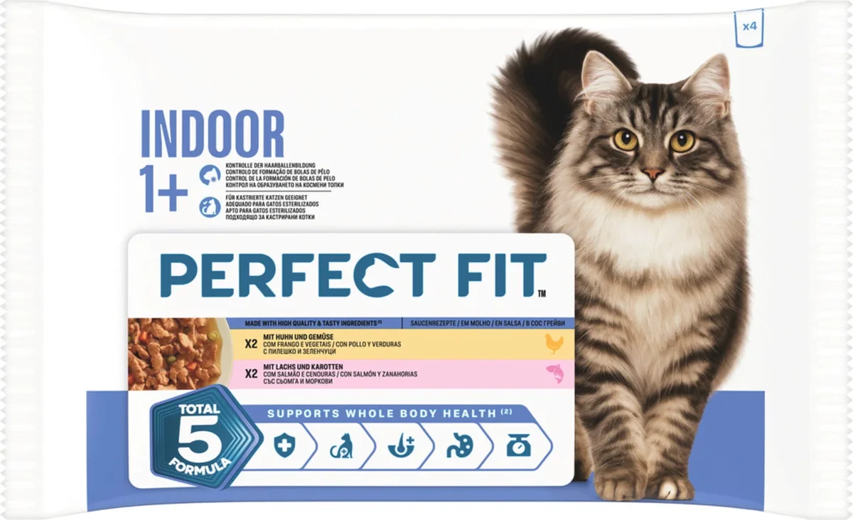 Katze Nassfutter Portionsbeutel 85g 4 Pack Indoor 1+ Huhn & Gemüse, Lachs & Karotte in Sauce - 340 g von Perfect Fit – Produktfoto
