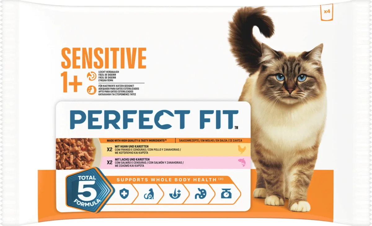 Katze Nassfutter Portionsbeutel 85g 4 Pack Sensitive 1+ Huhn & Karotte, Lachs & Karotte in Sauce - 340 g von Perfect Fit – Produktfoto