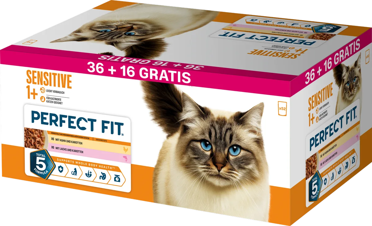 Katze Nassfutter Sensitive 1+ Portionsbeutel PLUSPACK 36 +16 GRATIS - 4.420 g fra Perfect Fit – produktbillede