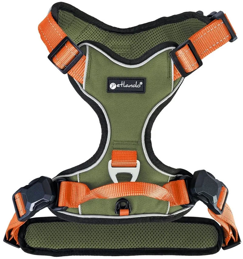 Hondentuig Olive-Orange met magnetische sluiting - maat- L 68 – 82 cm de Petlando en Orange – photo produit