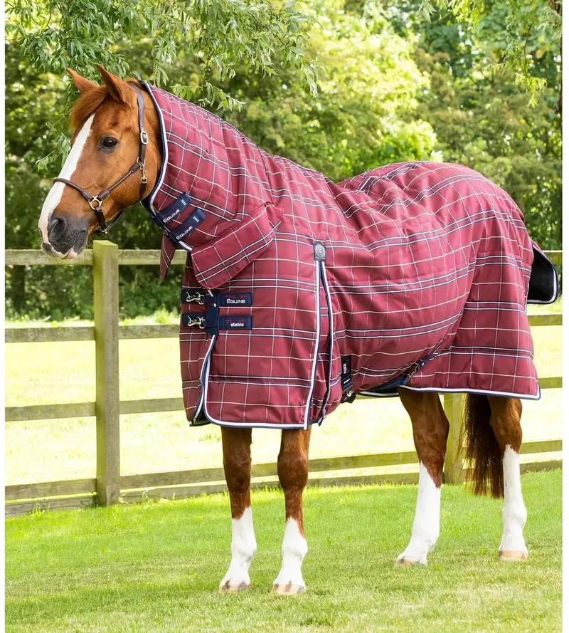Staldeken voor paarden Premier Equine Domus 200 g von Premier Equine in Bordeauxrode ruit – Produktfoto