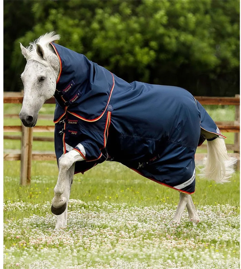 Waterdichte paardendeken met halsbedekking Premier Equine Buster 0 g de Premier Equine en Marine – photo produit