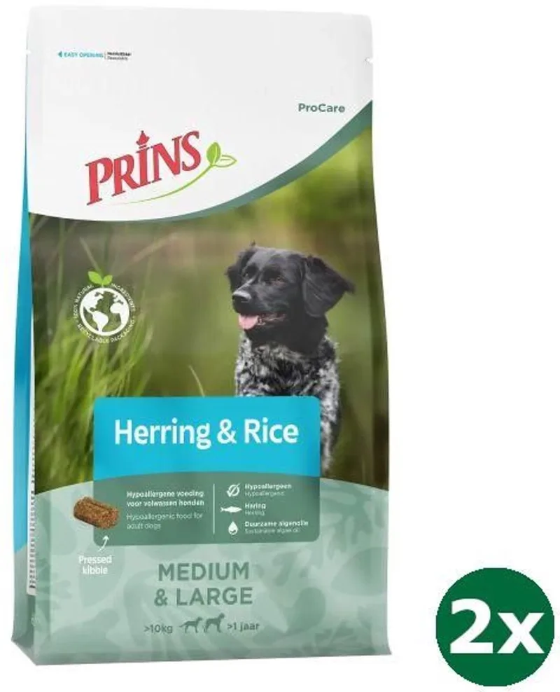 2x12 kg Prins procare adult medium / large herring / rice hypoallergenic hondenvoer de Prins – photo produit
