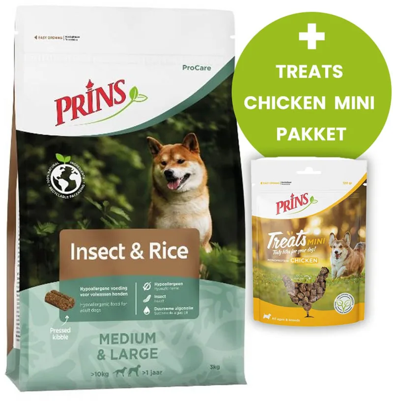 Insect & Rice 20kg - Hondenvoer + Treats Chicken Mini Pakket von Prins – Produktfoto