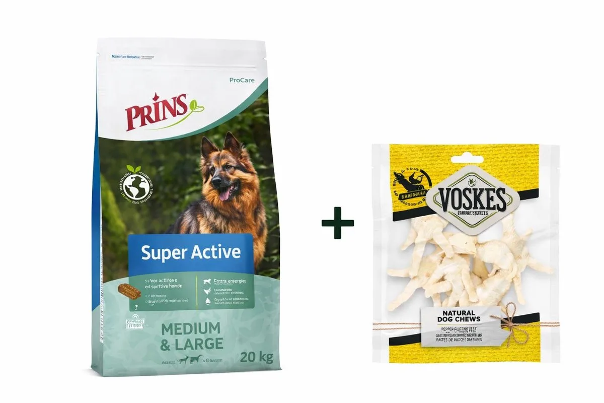 Prins ProCare Super Active 20 kg & 100 gram Voskes Gepofte Kippenpoten fra Prins – produktbillede