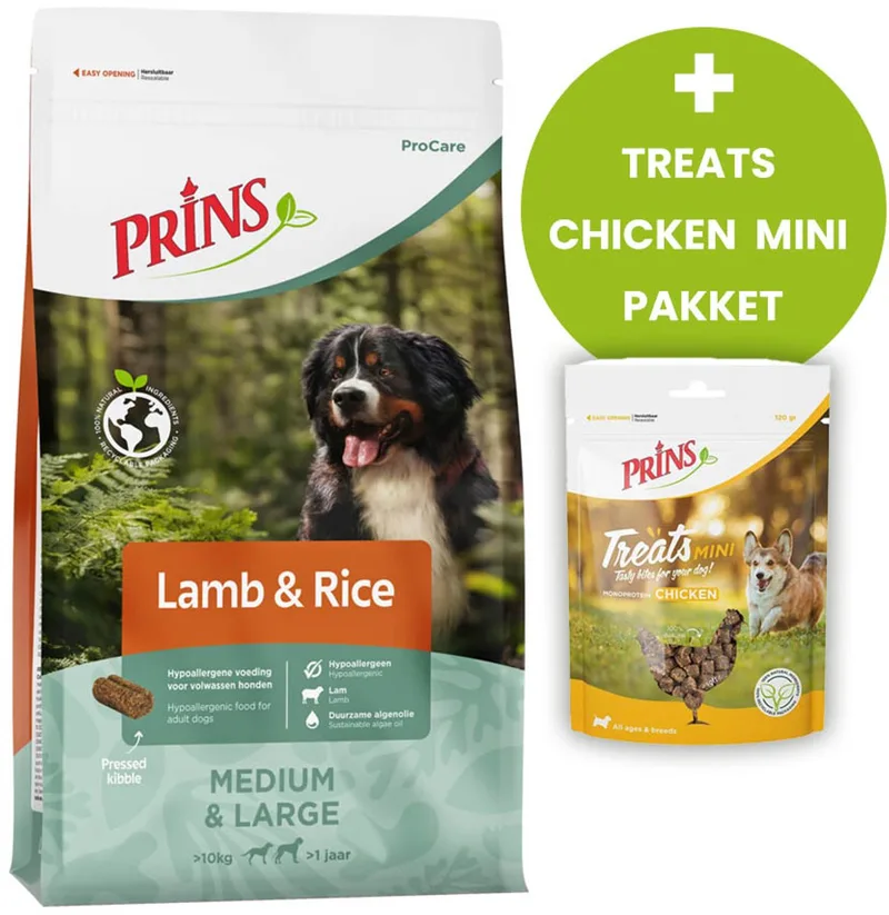 ProCare Lamb & Rice 20kg - Hondenvoer - Treats Chicken Mini Pakket von Prins – Produktfoto
