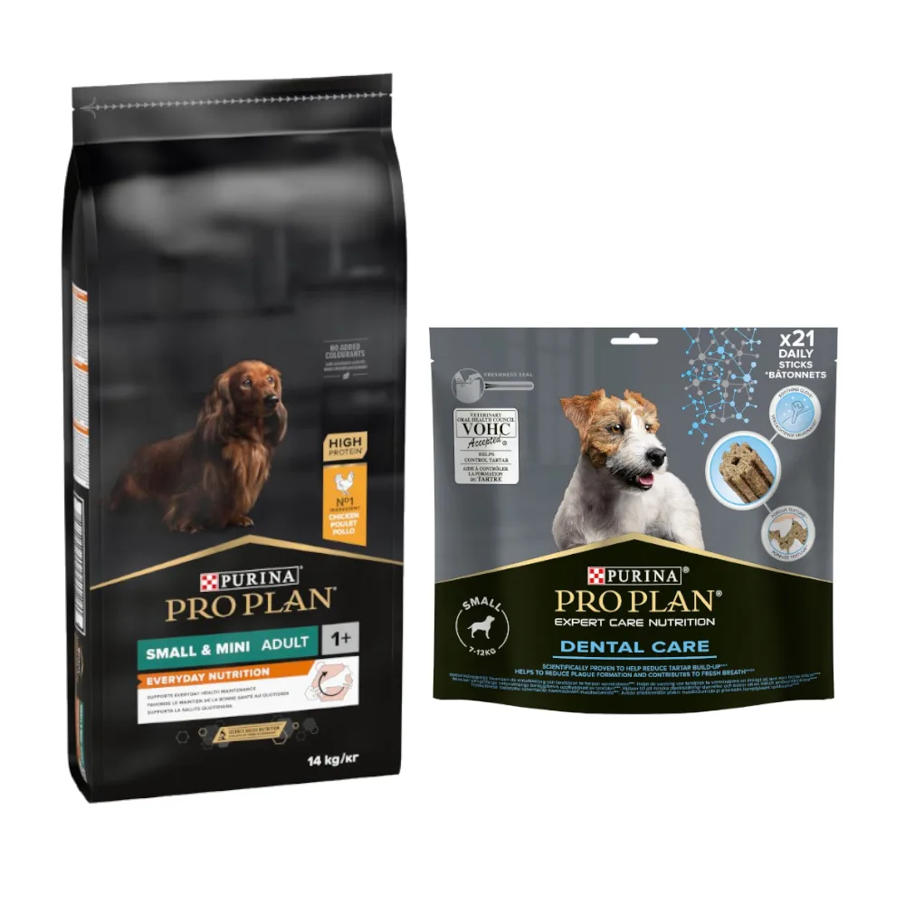 12 kg of 14 kg Pro Plan droogvoer voor honden + 345 g/426 g Pro Plan Dental Care hondensnack gratis! - Small Mini Adult dagelijkse voeding 14 kg von Purina Pro Plan – Produktfoto