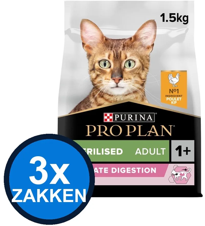 3x Pro Plan - Adult Sterilised Delicate Digestion Kip - Kattenvoer Droogvoer - 1.5 kg by Purina Pro Plan – product photo