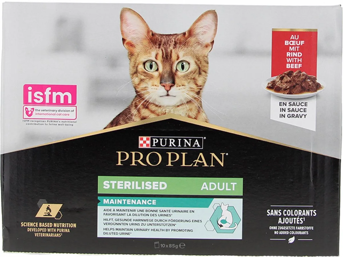 Multipack runderpatée - Voor gesteriliseerde katten - 10 x 85 g van Purina Pro Plan – productfoto