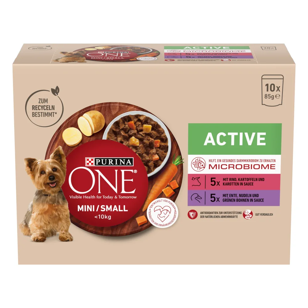 10 x 85g Purina ONE Mini Active Rund & Eend nat hondenvoer van Purina ONE – productfoto