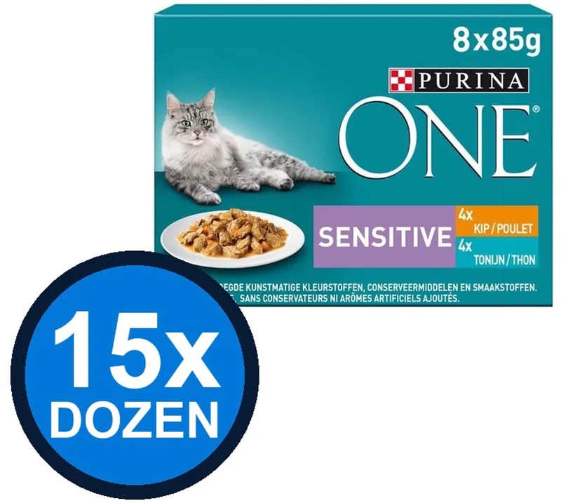15x Purina One - Adult Sensitive Kip, Tonijn & Wortels - Kattenvoer Natvoer - 8x85g von Purina ONE – Produktfoto