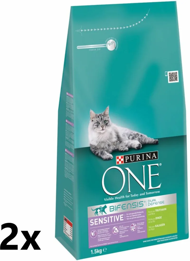 2x Purina One - Adult Sensitive Kalkoen - Kattenvoer Droogvoer - 1,5 kg fra Purina ONE – produktbillede