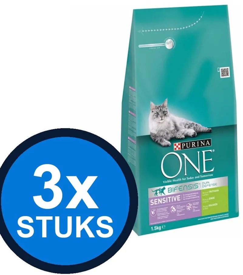 3x Purina One - Adult Sensitive Kalkoen - Kattenvoer Droogvoer - 1,5 kg by Purina ONE – product photo