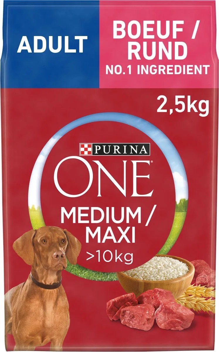 3x Purina One Medium Maxi Adult Honden droogvoer - Rund - 2500g von Purina ONE – Produktfoto