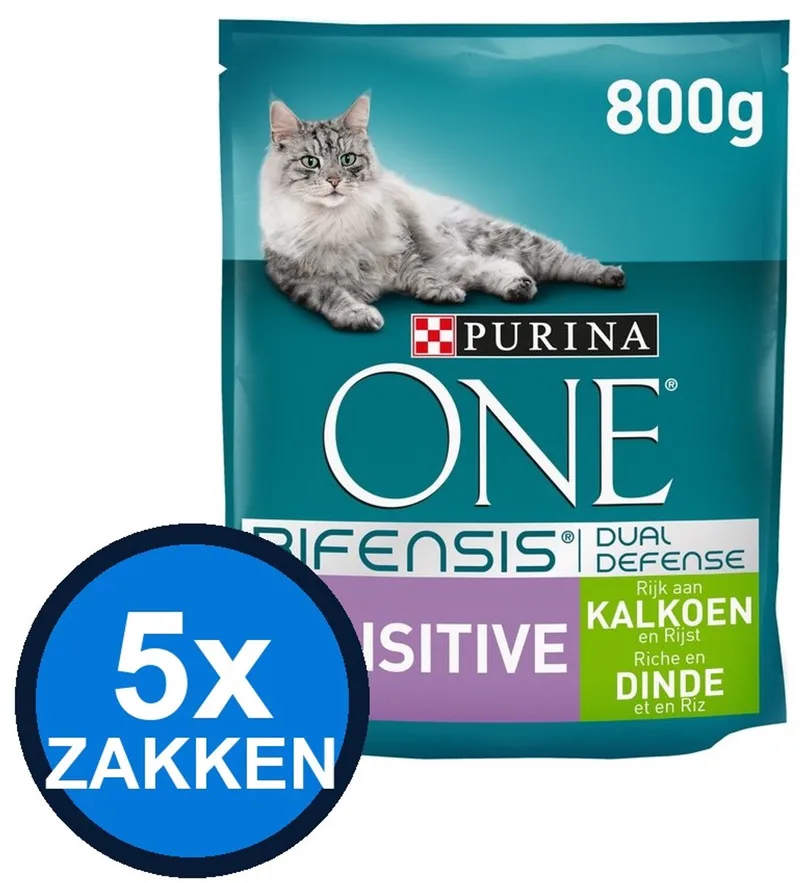 5x Purina One - Adult Sensitive Kalkoen - Kattenvoer Droogvoer - 800 g van Purina ONE – productfoto