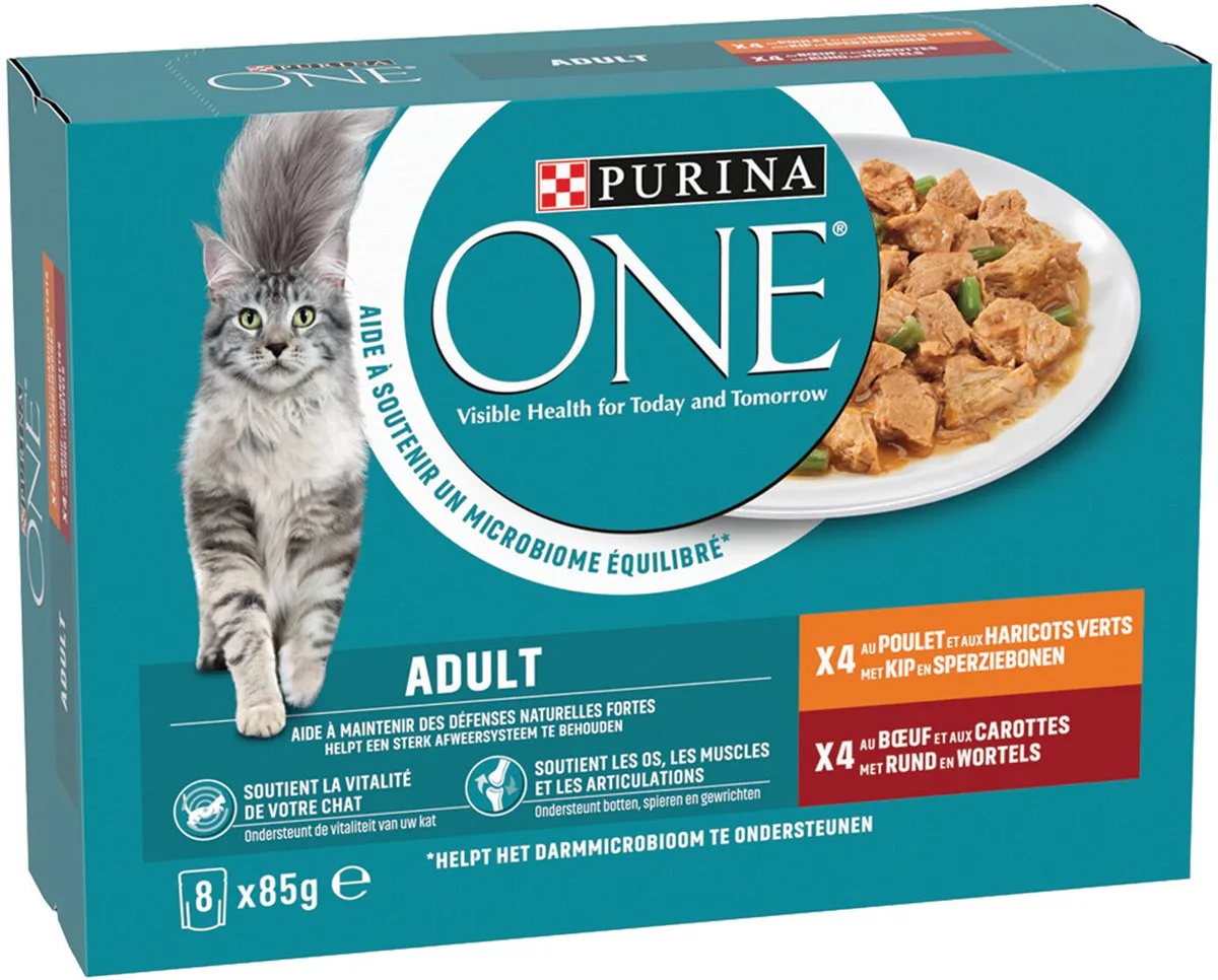 Adult Fijne Malse Reepjes in Saus - Kip/Rund - 16 x 85 g van Purina ONE – productfoto