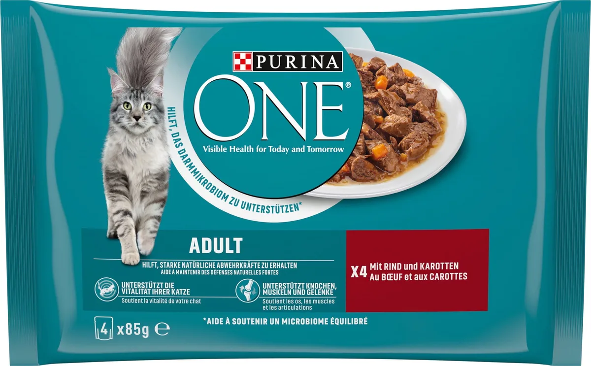 Adult mit Rind und Karotten 4x85g - 340 g von Purina ONE – Produktfoto